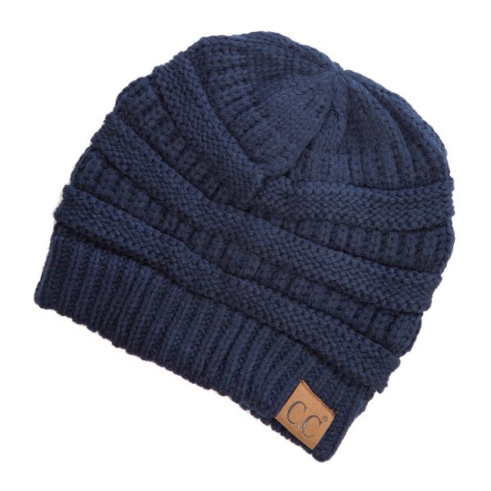 Solid Ribbed Knitted Beanie Hat Blue